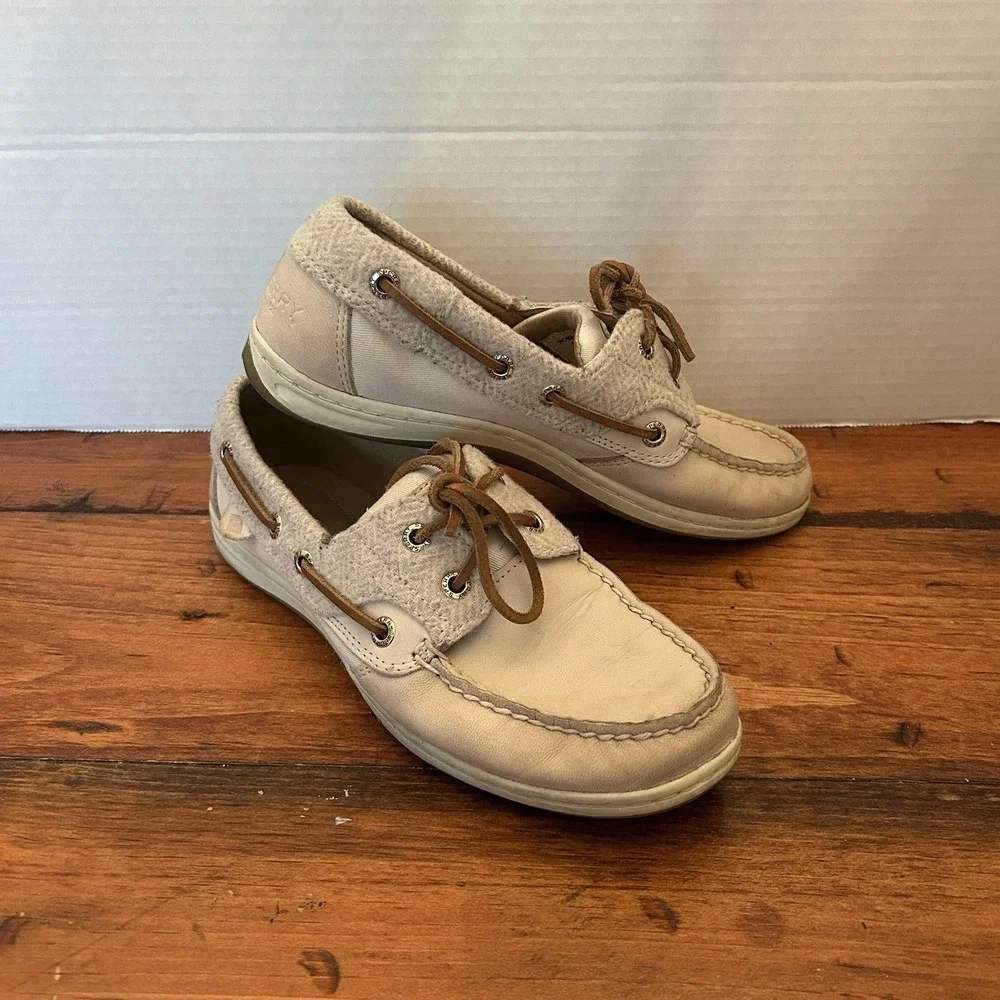 Sperry Womens 6.5‎ Boat Shoe Tan/Beige Leather Wool Acrylic Deck
